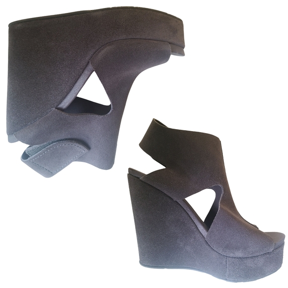 Pedro Garcia Grey Suede Peep Toe Slingback Velcro Platform Wedge Sandal 7.5 - Picture 3 of 13